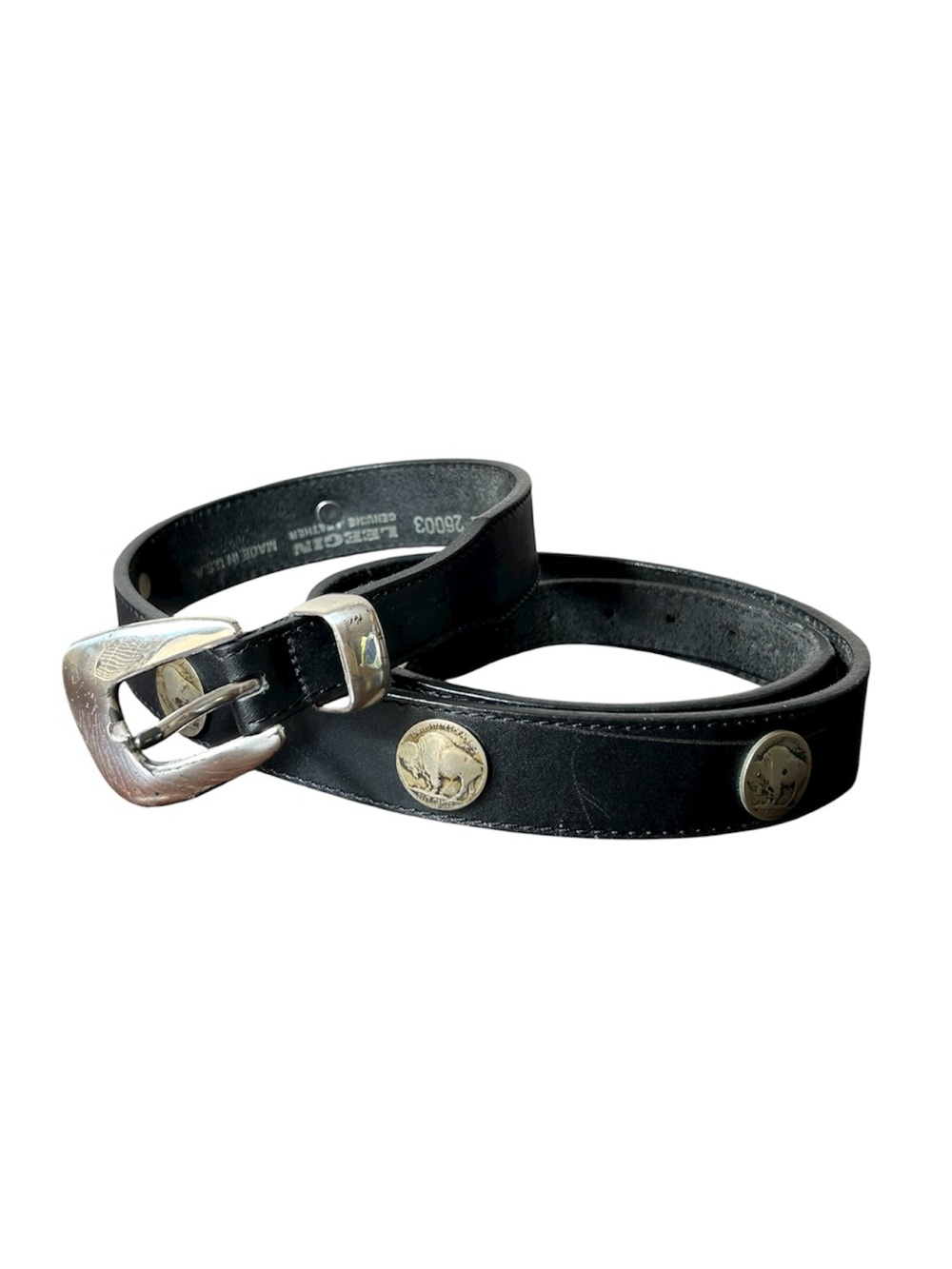 LEEGIN VTG Made in USA Buffalo Nickels Silver Buckle Black Leather Mens Belt 42